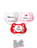 PACK DE 3 CHUPETES PERSONALIZADOS CON NOMBRE - CORAZÓN - 0 a 6 meses